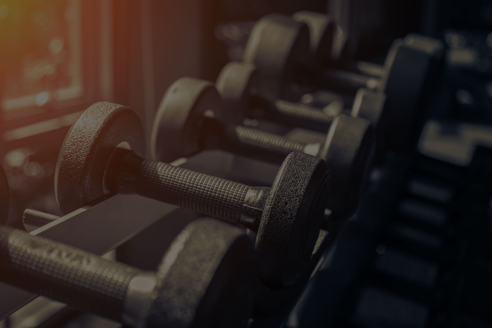 Rows of dumbbells in the gym with hign contrast and monochrome color tone - Image